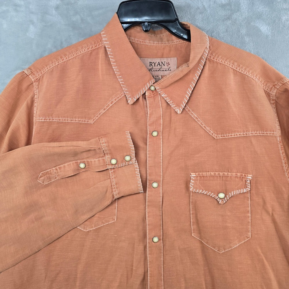 Ryan Michaels Western Shirt Mens XXL Orange Silk Linen Pearl Snap Whipstitch